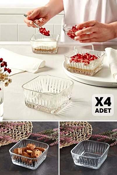 Tilbe Home 4'lü Kare Cam Kase Seti Kahvaltılık Saklama Kabı 225cc Mutfak Çere...