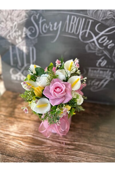 Şirin Sabun Pembe Gül Beyaz Gelin Çiçeği El Yapımı Sahun Aranjmanı Handmade S...