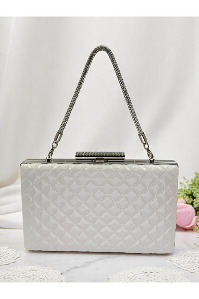 Wedding Fashion Mâner din piatră din piele lacuită albă de lux, cu model matlasat, geantă de rochie de seară pentru femei, nuntă, logodnă, absolvire
