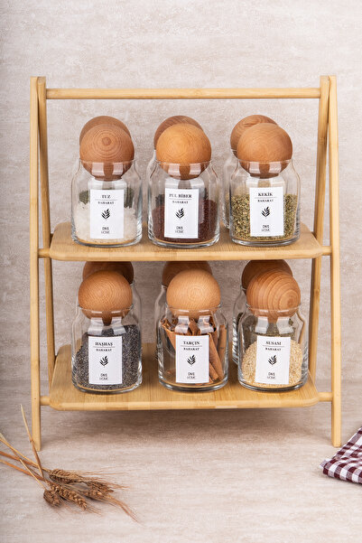 DNS HOME Set of 12 Glass Spice Jars with Bamboo Stand, Wooden Ball Lid, 300 ml Jar Set with Label Gift
