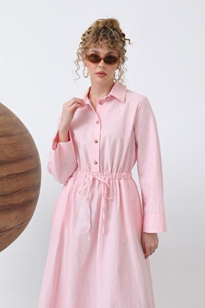 Puane Belden Bağlamalı Uzun Kollu Pembe Elbise 32243