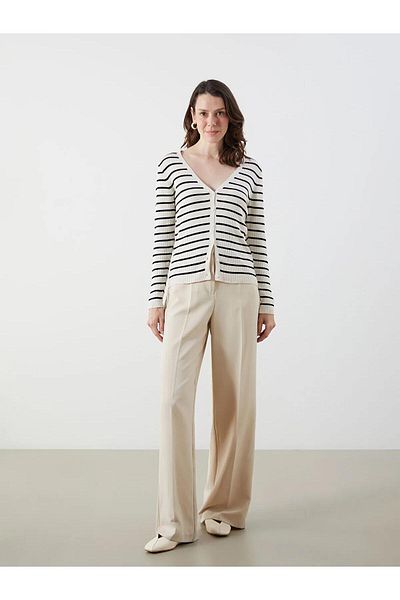 LC Waikiki Lcwaikiki Classic V-Neck Striped Women's Knitwear Cardigan (W5)