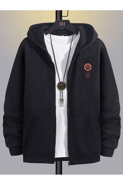 DEEPSENSE Men's Black Hooded Zippered Oversize Sweatshirt Jacket Cardigan