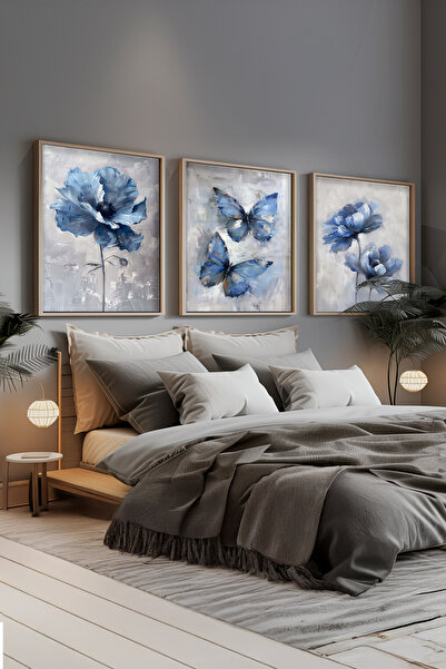 STARYUNA Yağlı boya efektli mavi çiçekli kelebekli tablo, ahşap çerçeveli 3'l...