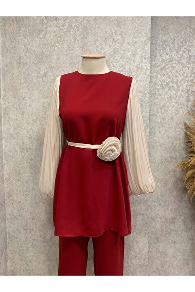 Rumella 25Y4269 TAKIM TUNİK PANTOLON KOLLARI JANJAN KUMAŞ BEL BAĞCIKLI GÜLLÜ KIRMIZI