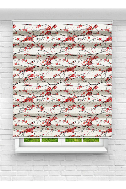White Rose Design Kırmızı Çiçekli Dal Desenli Baskılı Zebra Perde
