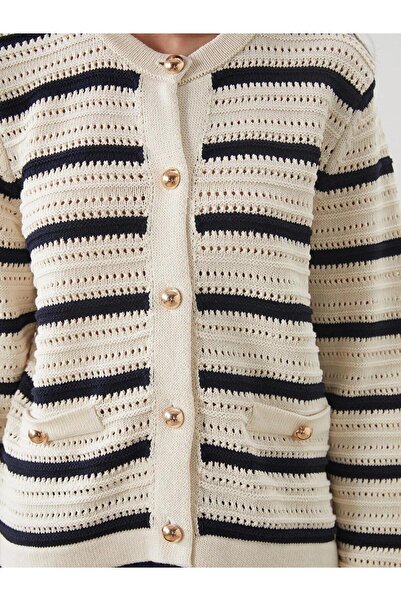 LC Waikiki LCW Modest Bisiklet Yaka Çizgili Kadın Triko Hırka (W5)