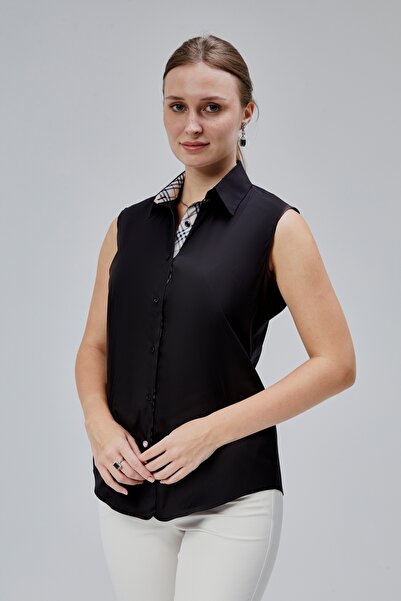 FARQIN Cămașă pentru femei, din satin de bumbac negru, lycra, cu mâneci zero,...