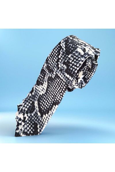 Exve Exclusive Black White Snakeskin Pattern Printed Thin Fashion Slim Tie