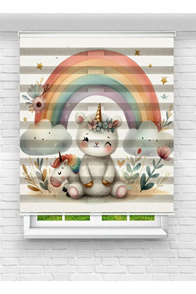 White Rose Design Unicorn ve Gökkuşağı Desenli Baskılı Zebra Perde