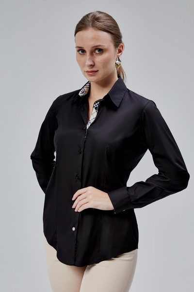FARQIN Black Cotton Satin Lycra Brbry Fabric Detailed Slim Fit Women's Shirt