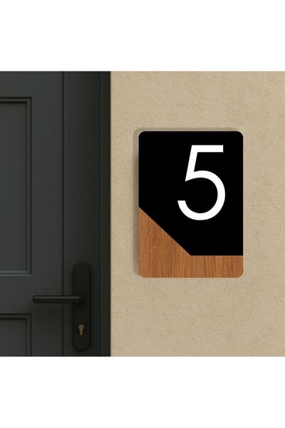 zafrakreklam Apartment -Wall - Door - Hotel Number Laser Cutting (Black & Wood 14X10 cm) Number 5 Five