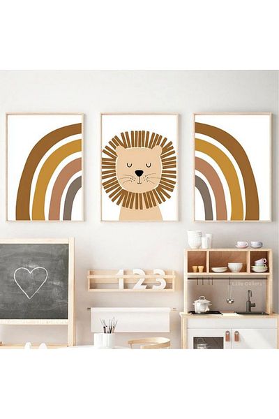 NT Handmade Natural Wooden Framed Uv Printing 3-Piece Lion Wall Painting – Modern Stylish Baby Kids Room Wall Decor