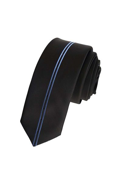 Exve Exclusive Double Blue Stripes in the Middle of Black Custom Cut Slim Fashion Slim Tie