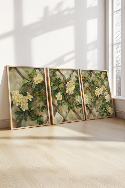 STARYUNA Yağlı boya efektli çiçekli ahşap çerçeveli 3'lü tablo seti Yuna162