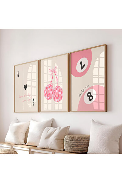 512 STORE 3'lü Estetik Pink Kiraz As Bilardo Topu Duvar Dekor Tasarım Çerçevesiz Poster Cherry Pink Disko Topu