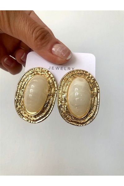 Gözde Tasarım Butik Women's Bordo Color Imported Rice Oval Large Earrings