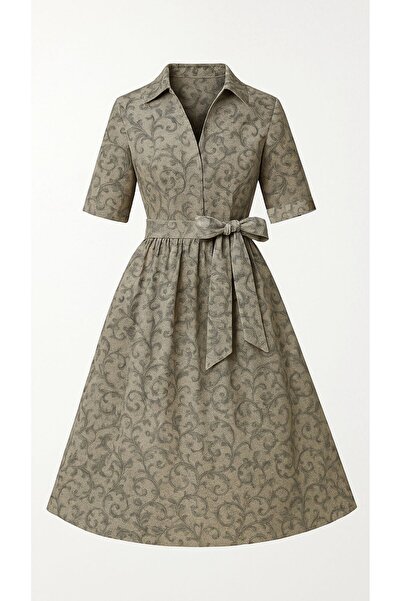 MERT ERKAN Kısa Kollu & Kuşaklı Midi Brokar Gömlek Elbise