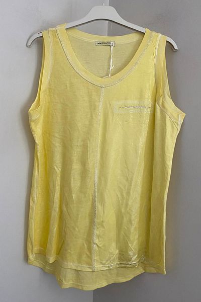 AYASOFYA OTANTIK Women's Italian Yellow Round Neck Front Side Glitter Sleeveless Zero Sleeve Blouse