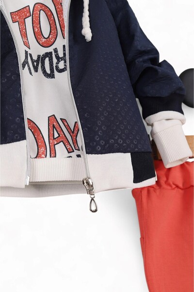 voyyo kids baby Erkek Bebek 3-18 Ay Kapüşonlu Yağmurluklu Ceketli 3 Parça Alt Üst Şık Takım