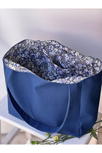 soare shop Lacivert içi çiçek desenli kanvas omuz çantası