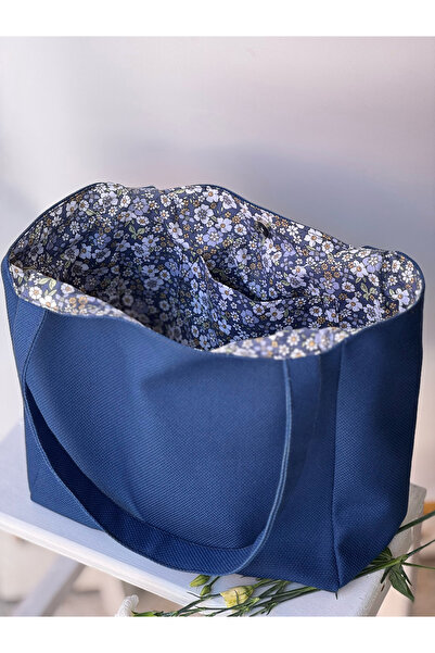 soare shop Lacivert içi çiçek desenli kanvas omuz çantası