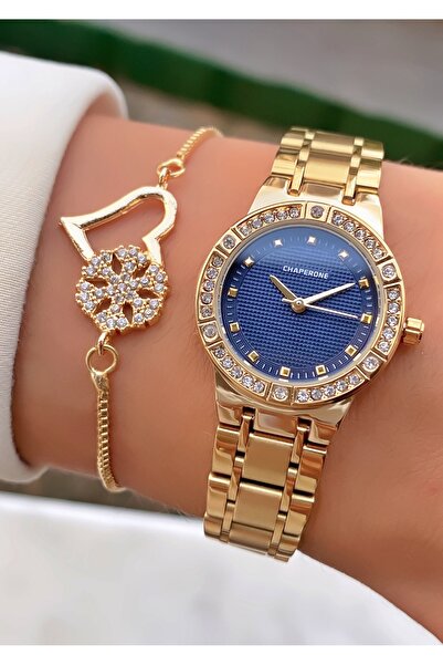 Merand طقم ساعة يد نسائية من حجر الكريستال باللون الذهبي مع سوار على شكل قلب ...