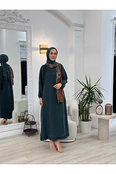 MissWhence Arkası Fermuar Detaylı Keten Elbise Zümrüt v3135
