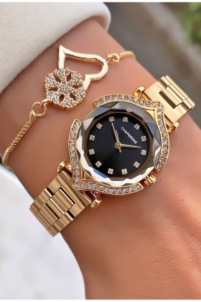 Merand ساعة يد نسائية هيكل فولاذي زجاج حجري مينا أسود + سوار قلب مع هدية