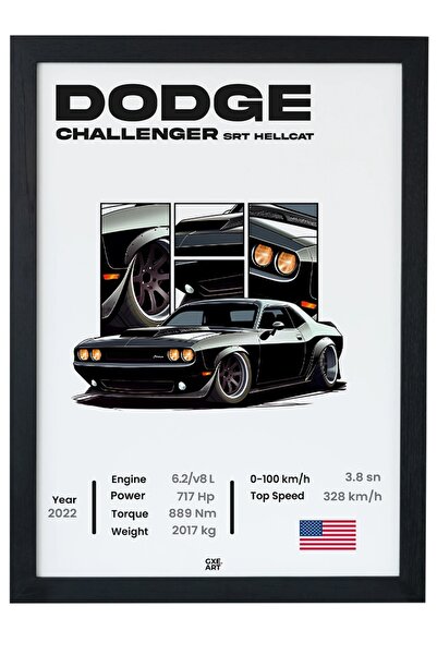 gxe.art Dodge Challenger SRT Hellcat Siyah Çerçeveli Tablo Poster