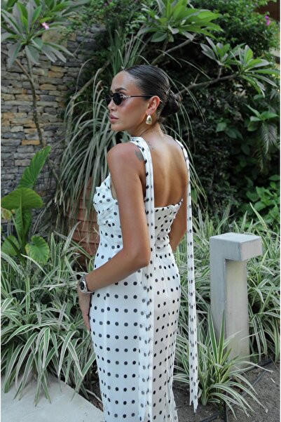 Havoş White Sher Polka Dot Chiffon Dress with Shawl