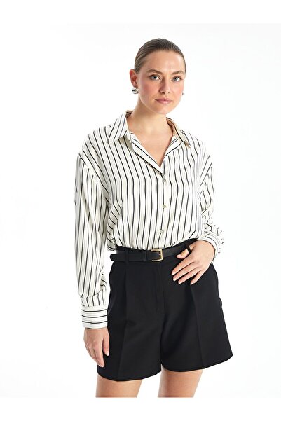 LC Waikiki Ekru Çizgili Uzun Kollu Oversize Saten Kadın Gömlek