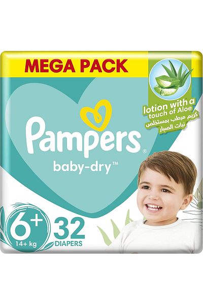 Pampers Baby-Dry Diapers with Aloe Vera Lotion and Leakage Protection, Size 6+, Extra Large+, 14+kg,