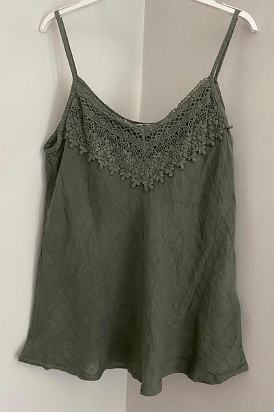 AYASOFYA OTANTIK Women's Italian Khaki Lace Detailed Collar Plain Pattern Sleeveless Strap Zero Sleeve Linen Blouse