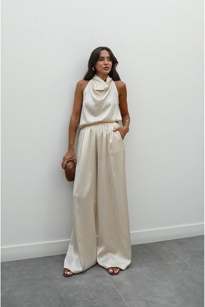Havoş Beige Winkle Satin Blouse Trousers Set
