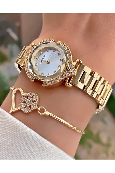 Merand Gold Color Special Design Stone Model Women's Wristwatch with Bracelet Gift