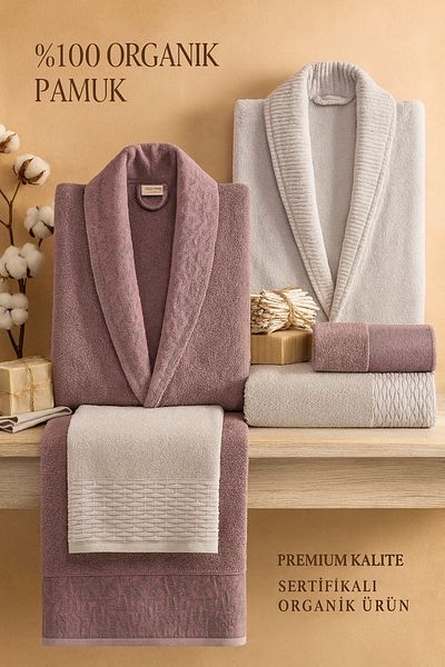 Evimcim 100% Cotton Crystal Dream Jacquard Family Bathrobe Set – Gray Lilac – 6 Piece Luxury Set
