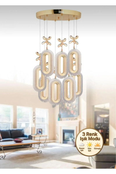 Lüxev Lighting Elips Model 8'li Gold 3 Renk Modu Ledli Kristal Taşlı Modern S...