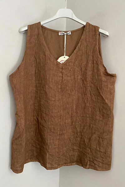 AYASOFYA OTANTIK Γυναικεία ιταλική καφέ μπλούζα με λαιμόκοψη V με απλό σχέδιο...