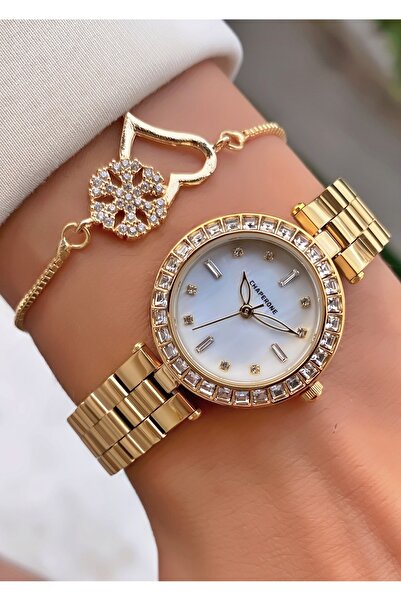 Merand ساعة يد نسائية ذهبية بتفاصيل حجرية مع هدية سوار على شكل قلب - تصميم أن...