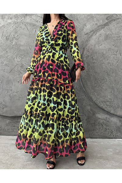 mass fashion Women's Neon Leopard Belted Maxi Long Dress