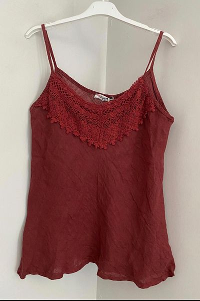 AYASOFYA OTANTIK Women's Italian Burgundy Lace Detailed Collar Plain Pattern Sleeveless Strap Zero Sleeve Linen Blouse