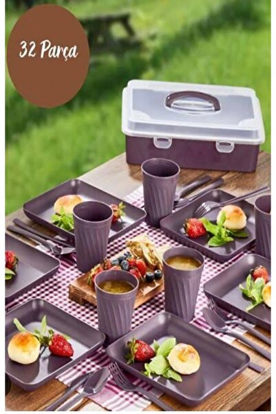 A&A 32 Parça Mürdüm Piknik Seti Premium Kalite Piknik Mangal Seti Tabak, Bıça...