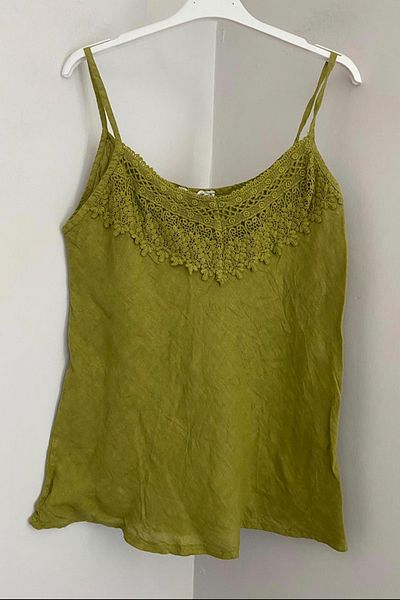 AYASOFYA OTANTIK Women's Italian Oil Green Lace Detailed Collar Plain Pattern Sleeveless Strap Zero Sleeve Linen Blouse