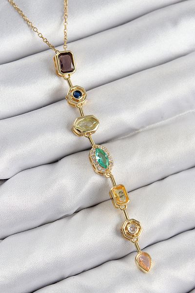 Clariss Brass Colored Zircon Stone Model Gold Color Women's Y Necklace