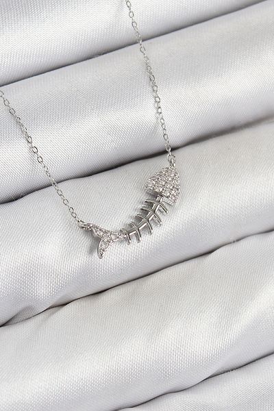 Clariss Brass Zircon Stone Fish Bone Model Silver Color Women's Necklace
