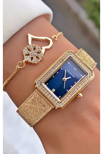 Merand Women's Wristwatch Steel Case Waterproof Stone Rectangular Case Navy Blue Dial + Gift Bracelet