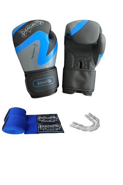 Dragondo Dynamite Kick Boxing Gloves Boxing Gloves Blue Bandage and Mouthguard Set of 3