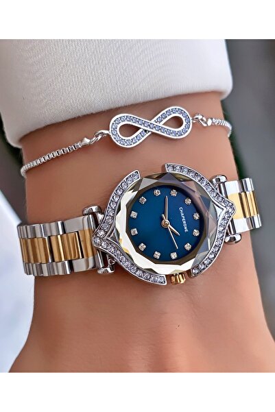 Merand Yellow Silver Color Special Design Navy Blue Dial Stone Model Women's Wrist Watch with Bracelet Gift