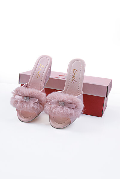 Lunoche Nightwear Women's Thick Heeled Feathered and Stoned Stylish Daily House Slippers Dowry Slippers Ornate Birth Guest Bride Te